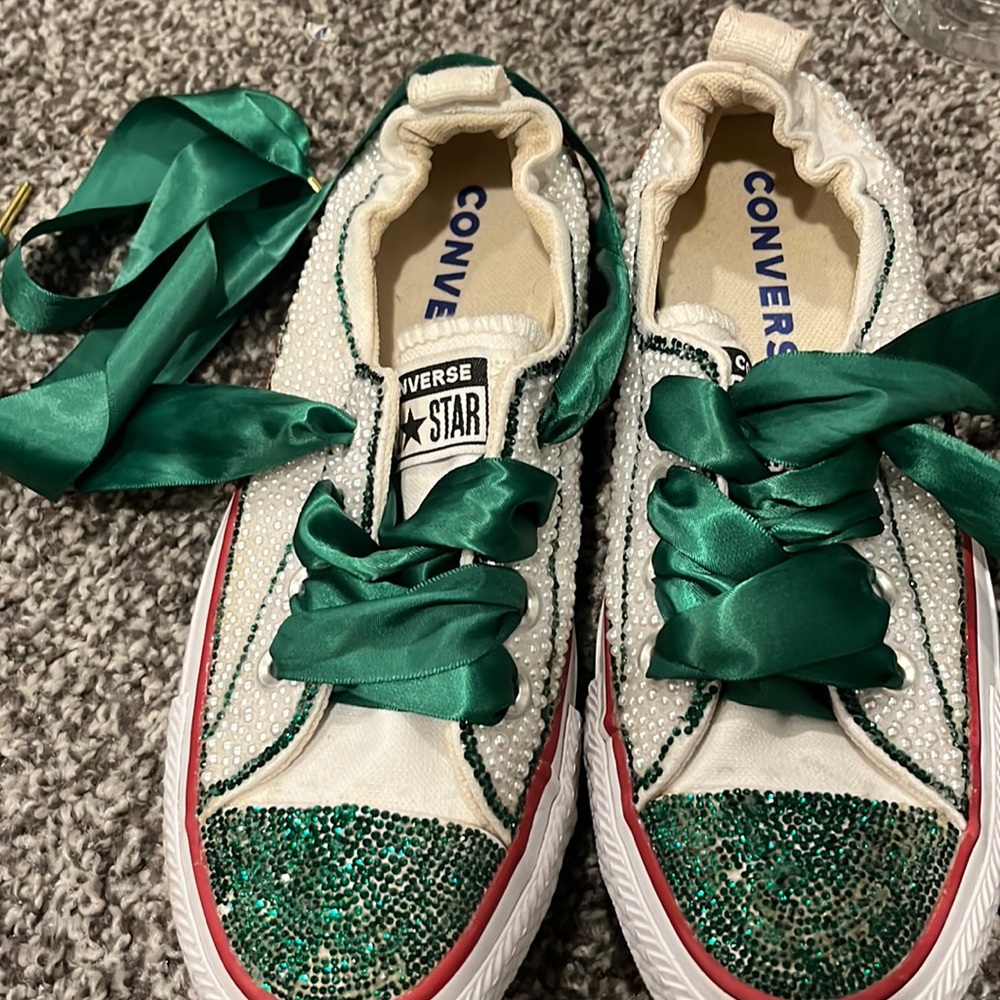 Gently used wedding bling blinge low top converse all stars with green ribbon st